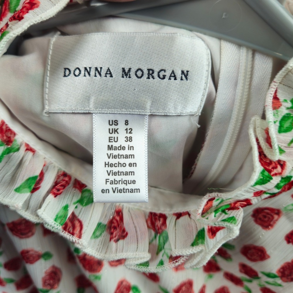DONNA MORGAN Sleeveless Fit Flare Dress Size 8 Rose Print Ruffled Lace White Red - Picture 6 of 10